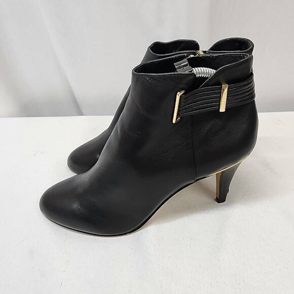 Vince Camuto Vinisha Heeled Bootie Side Zip Black Leather Gold Hardware Ankle 10 - Picture 4 of 9